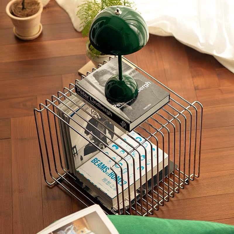 304 Stainless Steel Side Table,Square Geometry Retro Side Table Linear Metal End Table,Wire Cube Storage Rack, Book Stackable, Stainless Steel Coffee Table，Multi-Purpose Accent Table