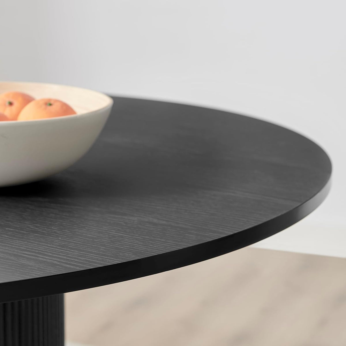 Furniturebox UK Dining Table - 'Penrose' Black 120cm 4-6 Seat Round Wooden Pedestal Dining Table - Melamine Veneer - Slatted Wood Pillar Leg - Modern Scandi Japanese Style Dining Furniture (Black)