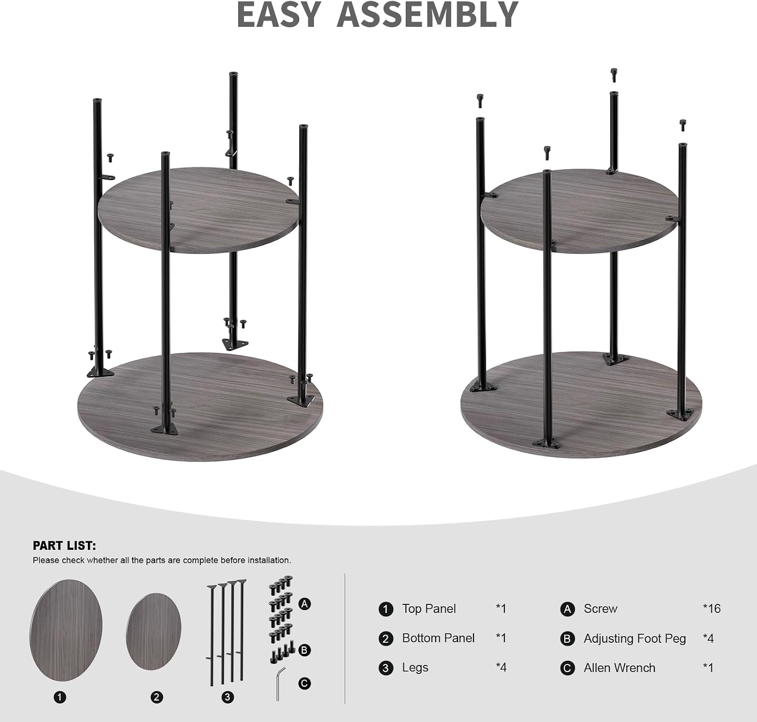 Side Table,Round End Table with 2 Storage Shelves| Compact Side Tables for Living Room, Couch, Office & Bedroom | Narrow Accent Table as Space-Saving Small Bedside Table 18x18x22in (Grey)