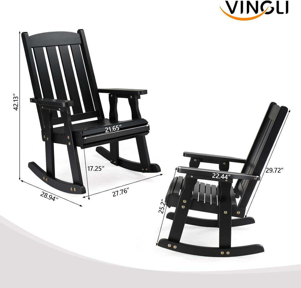 VINGLI Outdoor Rocking Chair, Heavy Duty 600 LBS Wooden Rocker, Black(1PC) | High & Comfortable Backrest, Weatherproof Patio Rocker with Ergonomic Design, for Patio, Garden, Porch
