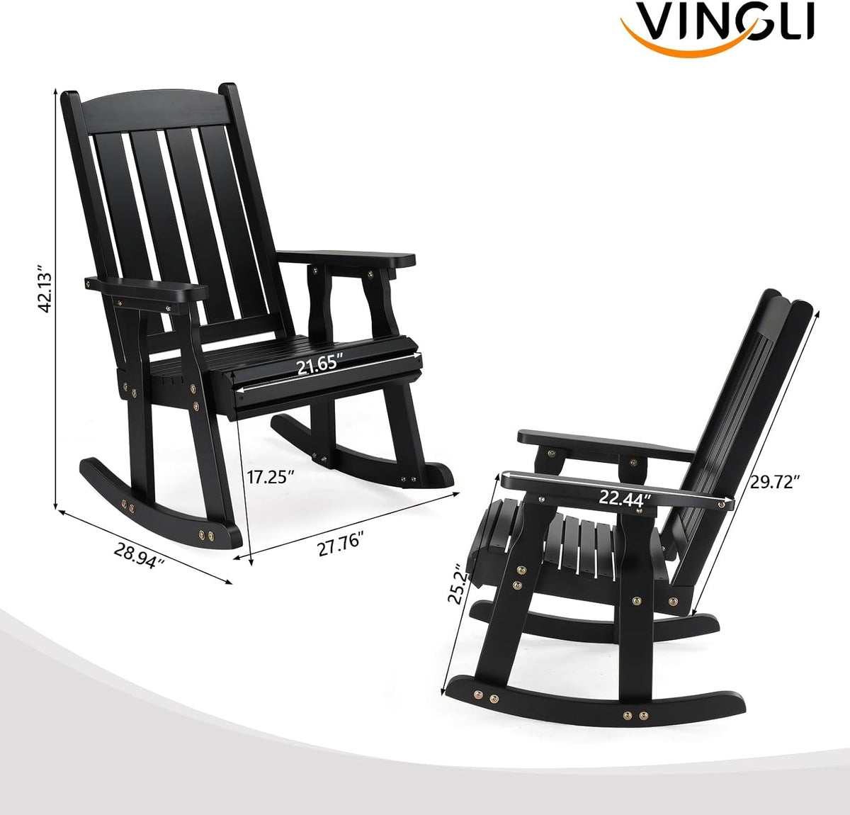 VINGLI Outdoor Rocking Chair, Heavy Duty 600 LBS Wooden Rocker, Black(1PC) | High & Comfortable Backrest, Weatherproof Patio Rocker with Ergonomic Design, for Patio, Garden, Porch