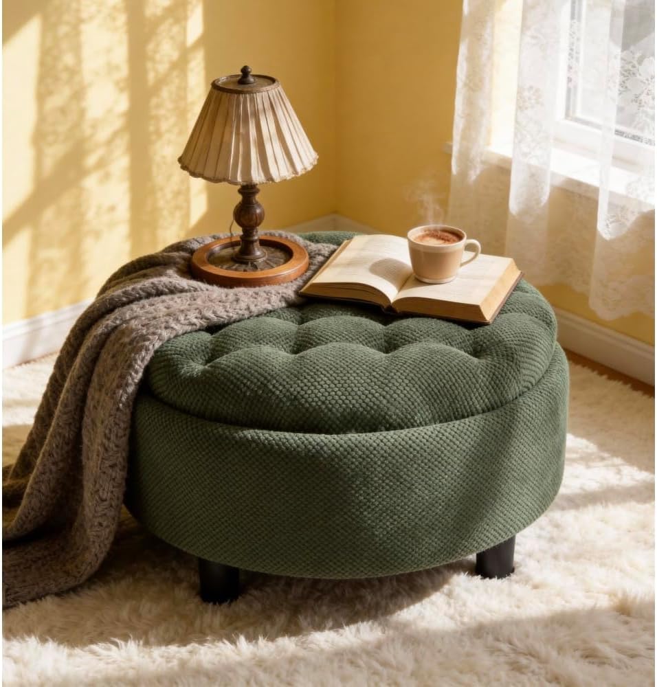 25Inch Round Storage Ottoman with Tray, ModernTufted Fabric Circle Coffee Table with Storage, Upholstered Ottoman with Removable Top for Living Room, Bedroom. (Dark Green + Wood+Fabric + Foam)