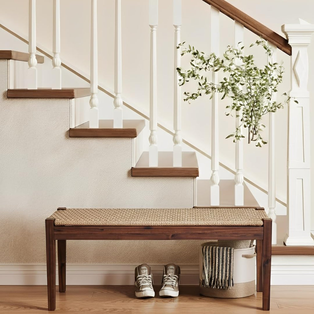 Vintage Entryway Bench, 45 inch Acacia Wood Bench with Woven Rope Seat, Wicker Bench Indoor for Hallway, End of Bed, Rustic Farmhouse Boho Style, Rope Dining Bench (Dark Brown)