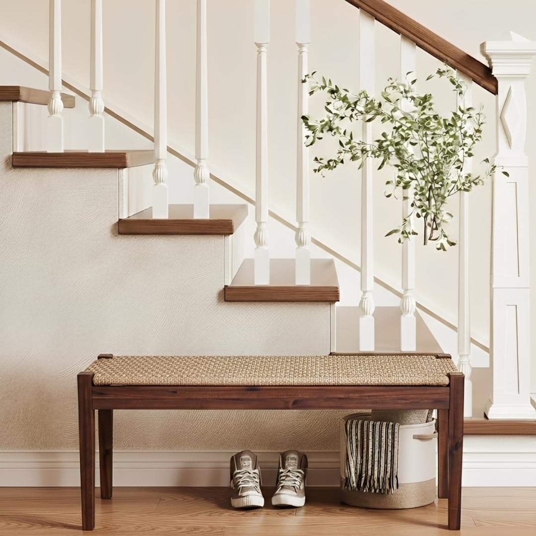 Vintage Entryway Bench, 45 inch Acacia Wood Bench with Woven Rope Seat, Wicker Bench Indoor for Hallway, End of Bed, Rustic Farmhouse Boho Style, Rope Dining Bench (Dark Brown)