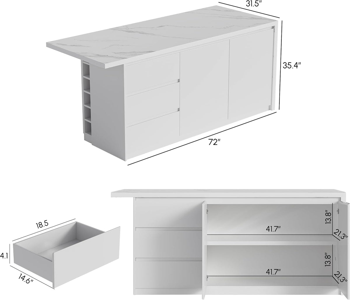homary Kitchen Island with Storage & Wine Rack, 72" Modern White Kitchen Cabinet with Wood Top, Large Fixed Island with 3 Drawers & 6 Adjustable Shelves, Without Bar Stools
