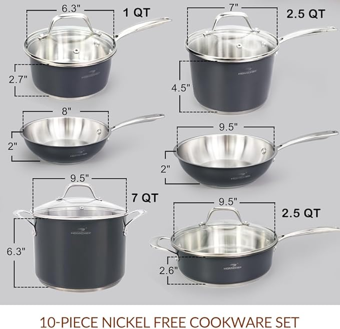 HOMICHEF 10-Piece Nickel Free Stainless Steel Cookware Set Navy Gray - Nickel Free Stainless Steel Pots and Pans Set - Healthy Non-Toxic Induction Cookware Sets