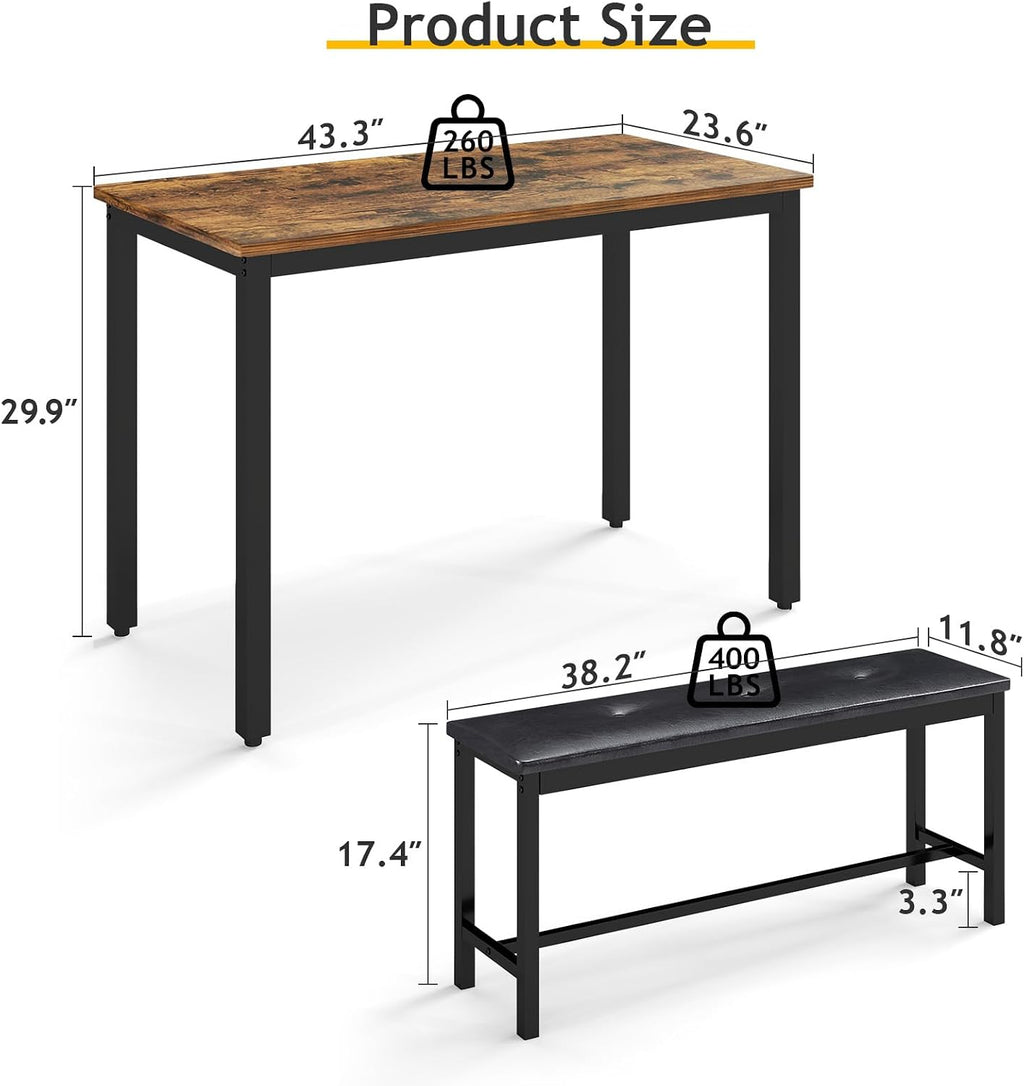 Rovibek Dining Room Table Bench Set for 4, Modern Space Saving Kitchen Table with with 2 Upholstered Benches & Adjustable Feet, Wooden Breakfast Table, 43", Brown