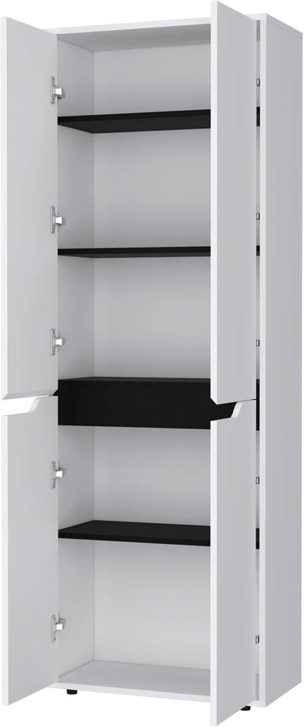 FM FURNITURE Keyser Multistorage Kitchen Pantry with 5 Shelves and 4 Doors, White/Black