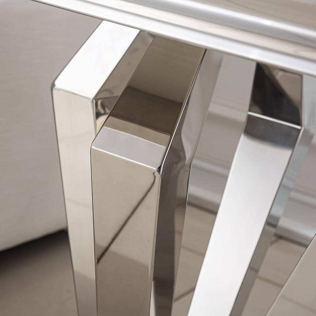 Faux Marble End Table, 23" Square White End Table with Faux Faux Marble Tabletop, Modern Sofa Side Table with Silver Stainless Steel Base & Mirrored Finish for Office Living Room