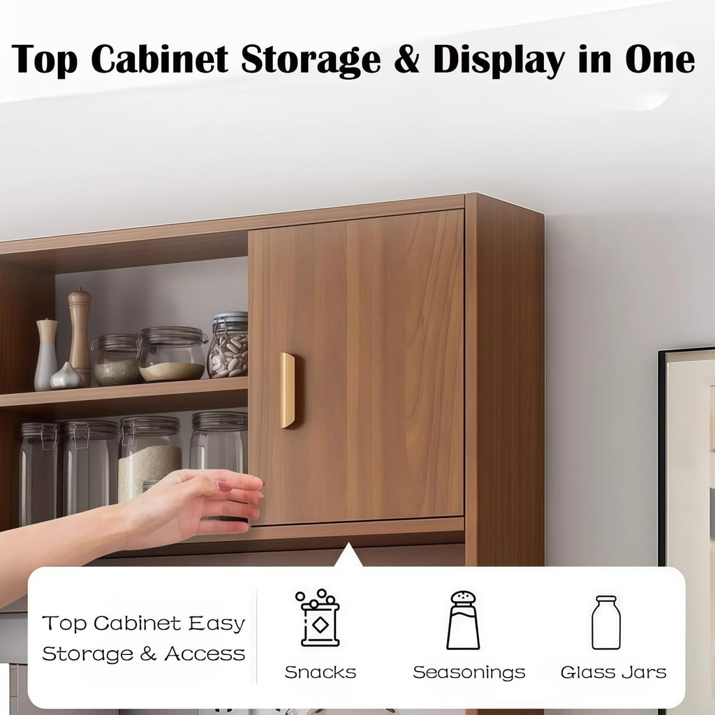 Kavie Kitchen Pantry Cabinet, Large-Capacity Sideboard with Open Shelf, Doors & Drawers, Wide Countertop for Appliances, Freestanding Cabinet for Kitchen (Natural+White,31.5" L*14.1" W*66.9" H)