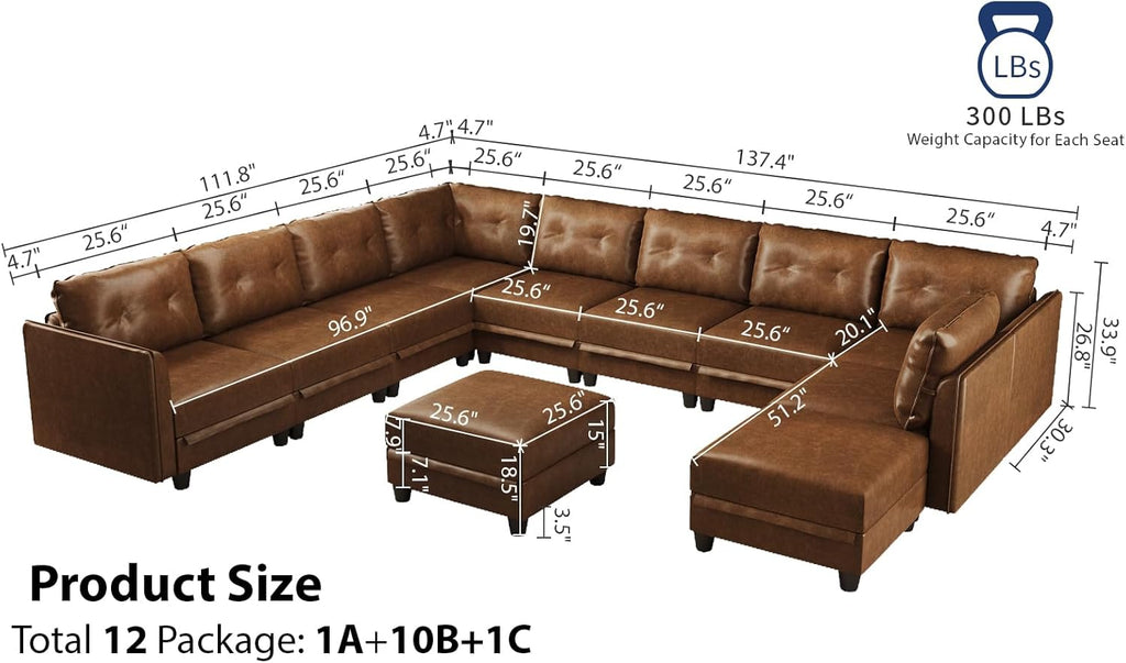 LLappuil 11-Piece Modular Sectional Sofa with Storage, Convertible Faux Leather Couch with Ottoman, Waterproof Skin-Friendly U/V Shaped Corner Oversized Sofas for Living Room, Brown