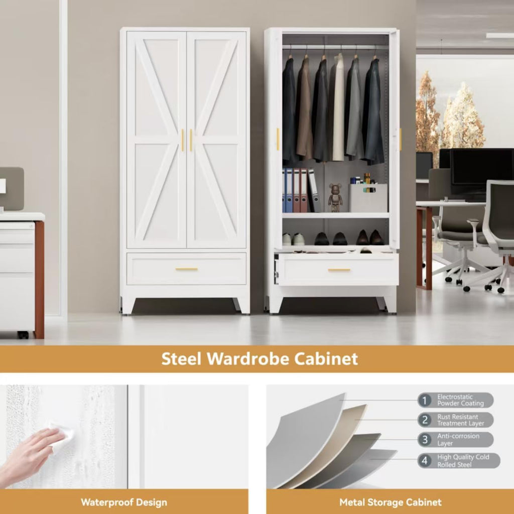 Metal Wardrobe Closet for Bedroom, 71" Freestanding Armoire Wardrobe with Drawer and Shelf, Hanging Rod Clothing Storage Cabinet with Two Doors, Tall Farmhouse Clothes Cabinet Bedroom Armoires