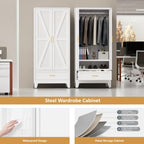 Metal Wardrobe Closet for Bedroom, 71" Freestanding Armoire Wardrobe with Drawer and Shelf, Hanging Rod Clothing Storage Cabinet with Two Doors, Tall Farmhouse Clothes Cabinet Bedroom Armoires
