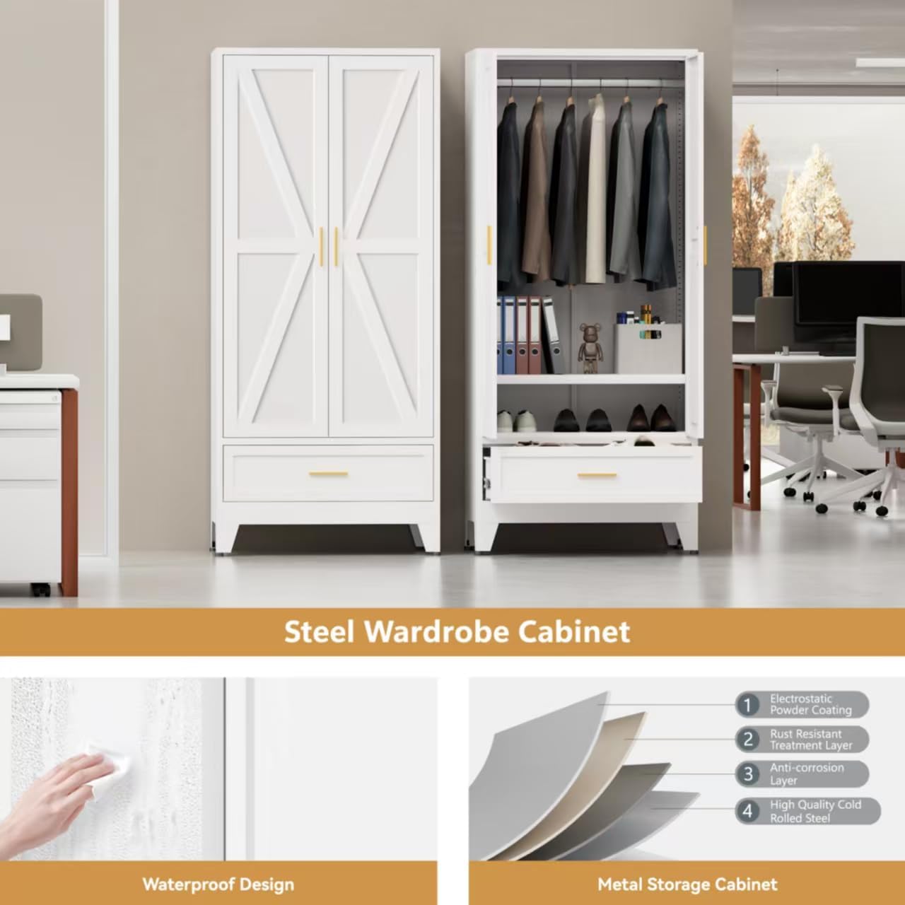 Metal Wardrobe Closet for Bedroom, 71" Freestanding Armoire Wardrobe with Drawer and Shelf, Hanging Rod Clothing Storage Cabinet with Two Doors, Tall Farmhouse Clothes Cabinet Bedroom Armoires