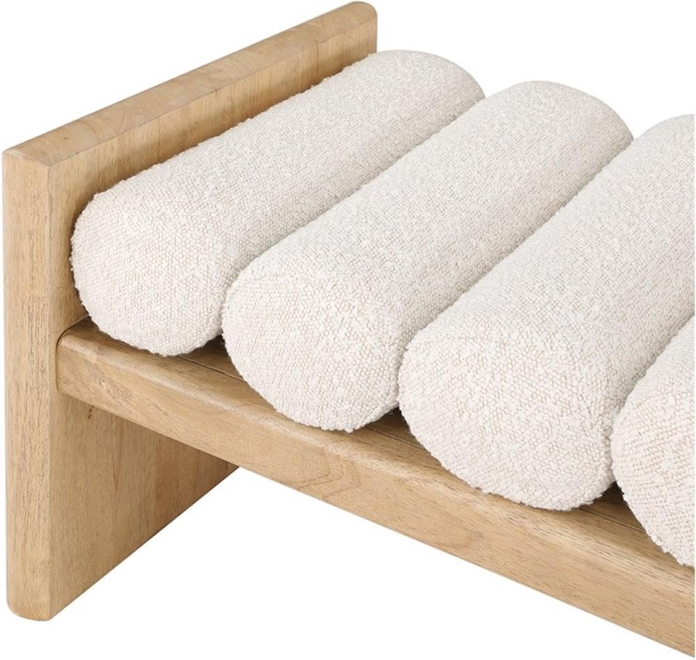 MAKLAINE Set of 2 Contemporary Natural Wood Bench with Cream Fabric Cushions
