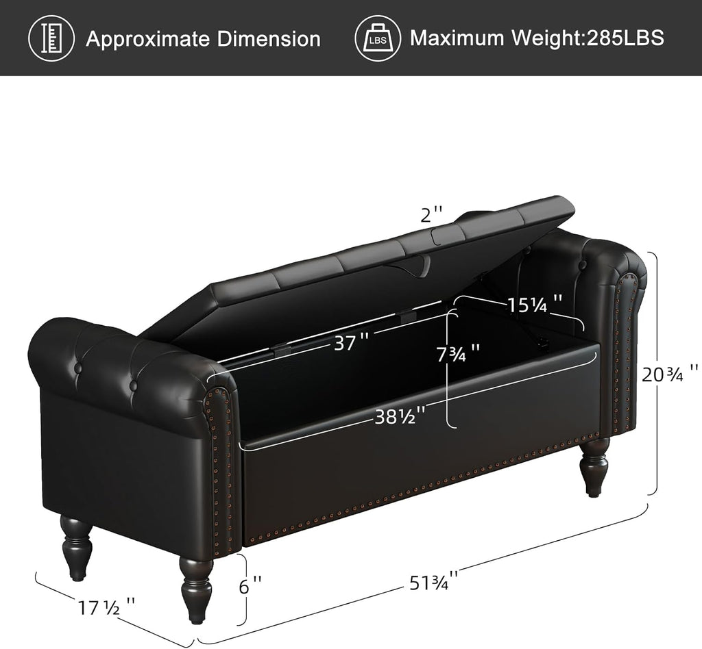 Furniliving 51” End of Bed Bench, Bedroom Bench with Button-Tufted, Large Upholstered Storage Ottoman Benches Entryway Bench with Storage Shoe Cabinet Bench, for Bedroom, Living Room, PU, Black