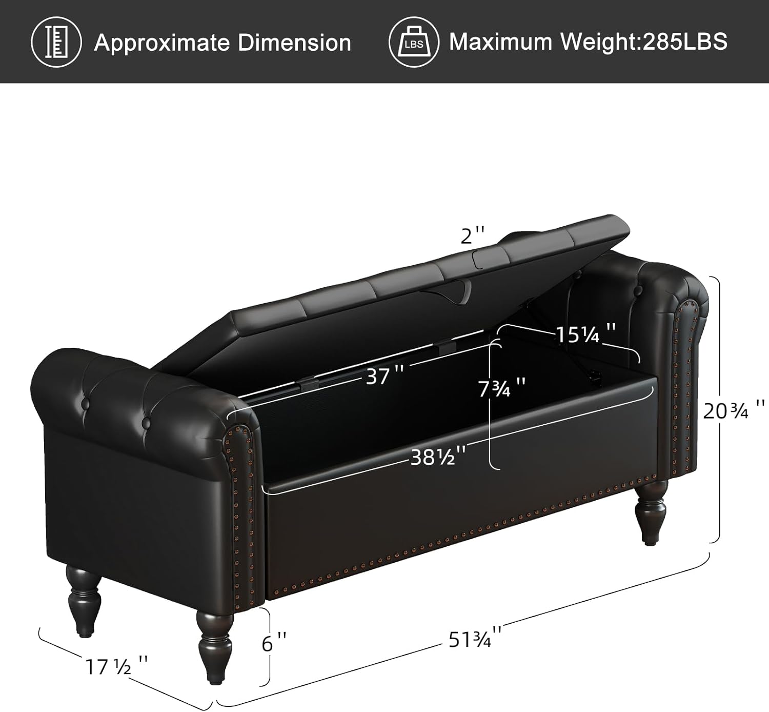 Furniliving 51” End of Bed Bench, Bedroom Bench with Button-Tufted, Large Upholstered Storage Ottoman Benches Entryway Bench with Storage Shoe Cabinet Bench, for Bedroom, Living Room, PU, Black