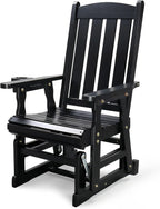 VINGLI Outdoor Glider Chair Wood Patio Glider with Cup Holder, Porch Glider with Smooth Rocking Mechanism, Heavy Duty 600 LBS, Black