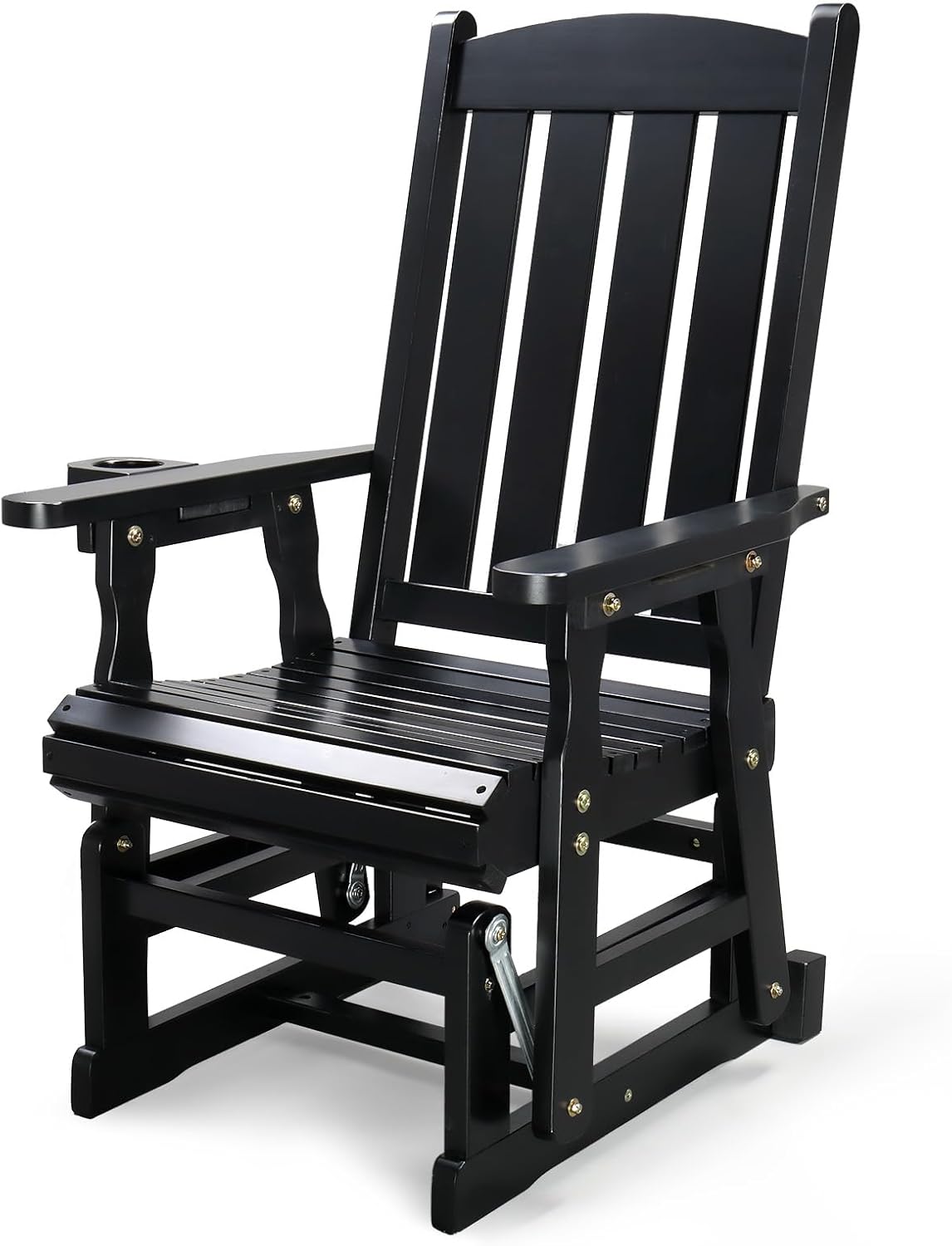 VINGLI Outdoor Glider Chair Wood Patio Glider with Cup Holder, Porch Glider with Smooth Rocking Mechanism, Heavy Duty 600 LBS, Black