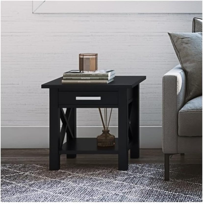 Pemberly Row Solid Wood End Table with Storage, Black Finish, 20.5" W x 20.5" D x 20" H, One Drawer and Shelf, Square Contemporary Design, Living Room or Bedroom Side Table