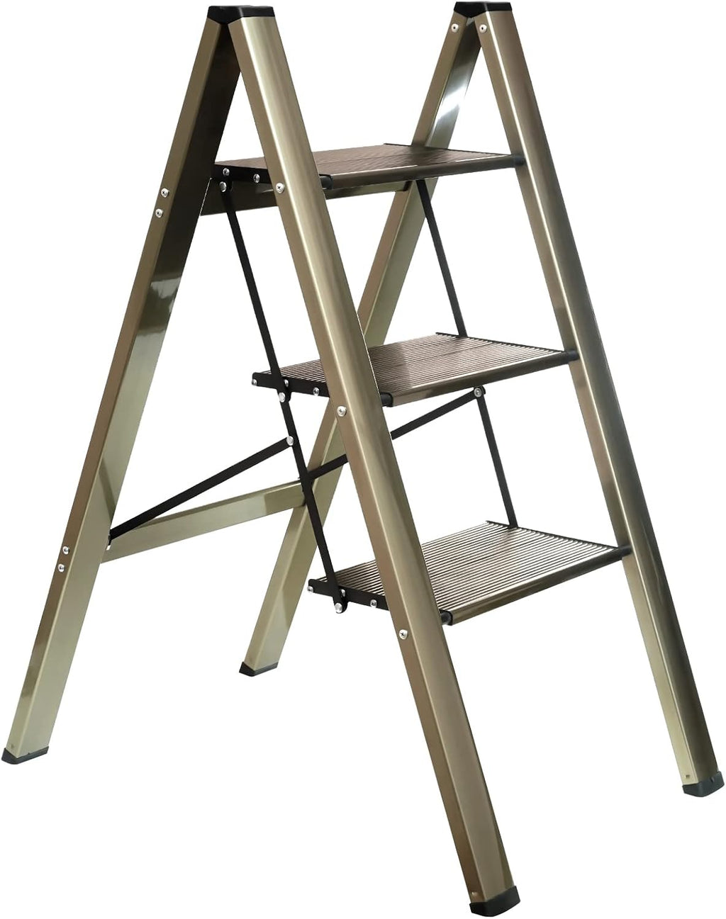 3-Step Aluminum Lightweight Folding Step Stool Ladder with Anti-Slip and Expanded Pedal for Home and Kitchen, 330lbs Capacity, Champagne…