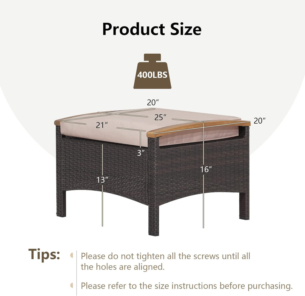 RELAX4LIFE Outdoor Wicker Ottomans for Patio - 2 Pieces PE Rattan Ottoman, Footrest Seat with Zippered Cushions, Acacia Wood Handles, 3-in-1 Footstool, Side Table for Poolside, Backyard (Brown)