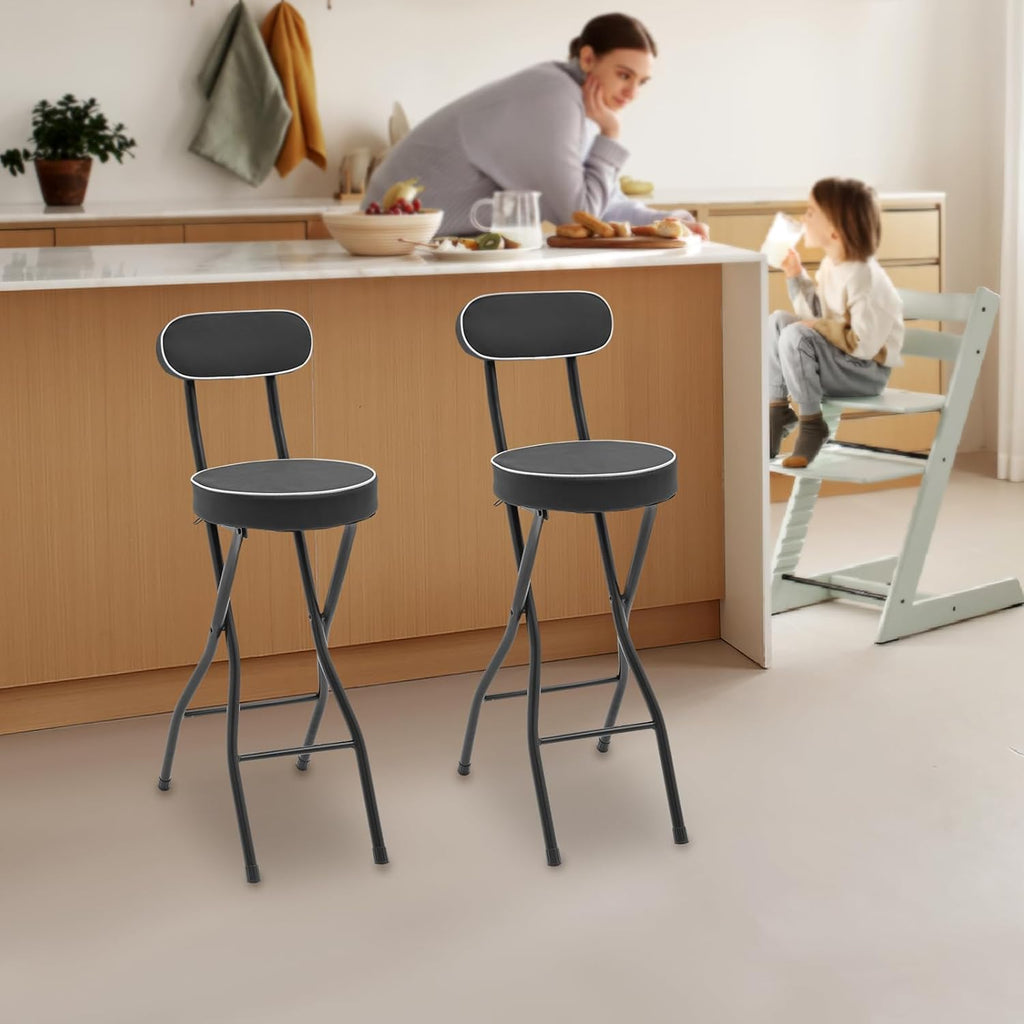 2Pcs-Folding Bar Stool with Back, Black Tall Foldable Chair Counter Height Collapsible Stool PU Leather Padded for Kitchen Island, Restaurant, Bar, Cafe Shop, Outdoor Camping