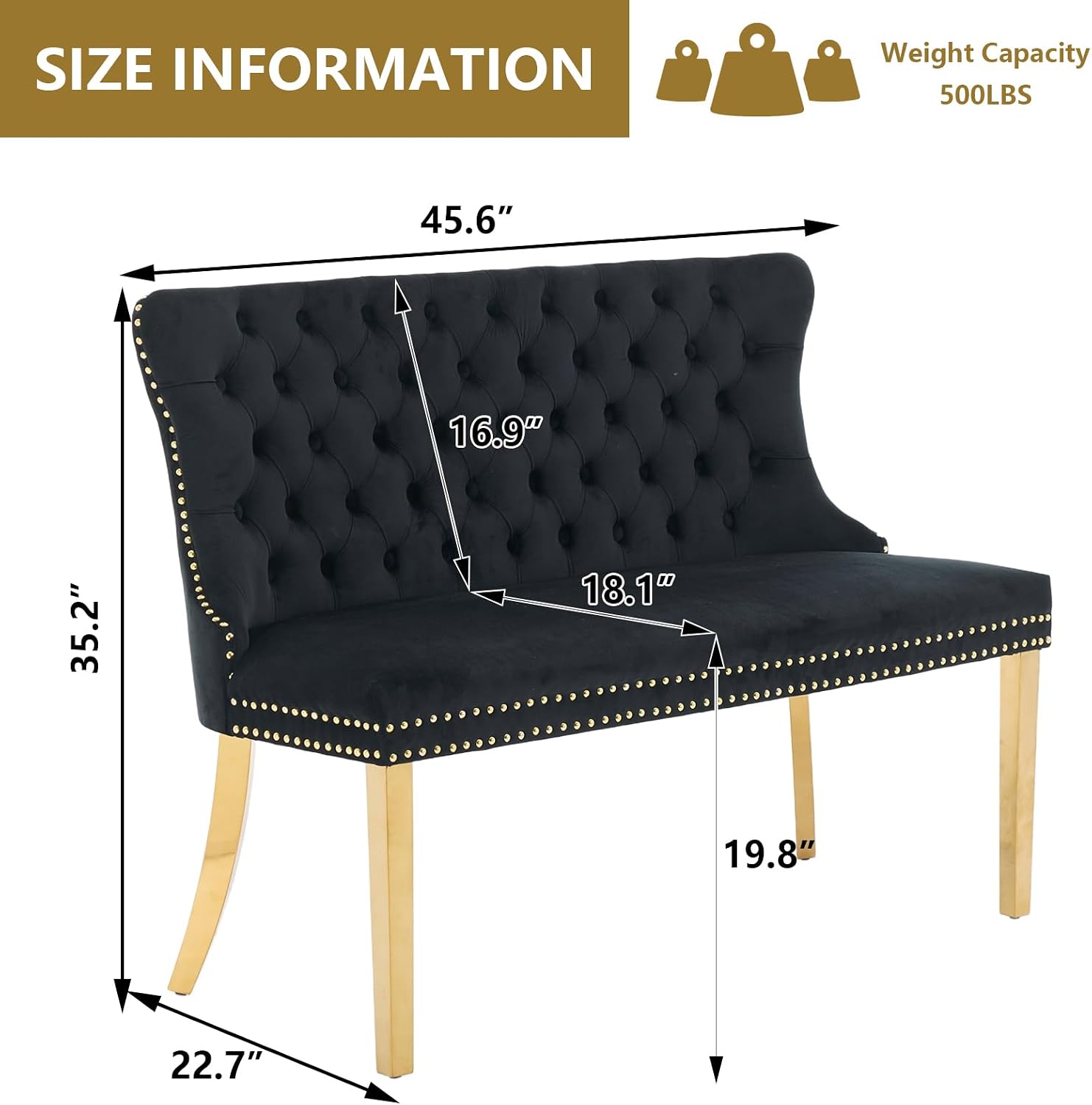 Velvet Dining Loveseat Bench with Wing Back, 2-Seat Tufted Bench with Gold Stainless Steel Legs, Mid-Century Modern Dining Bench with Back, Indoor Velvet Bench for Kitchen, Dining Room, Entryway