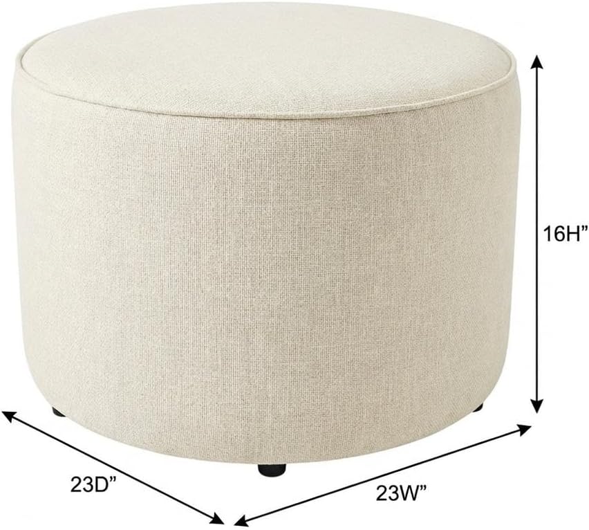 White Woven Heathered Fabric Ottoman, 23-Inch Round, Comfortable Outdoor Lounge Seat, Stylish, Durable for Patio and Garden