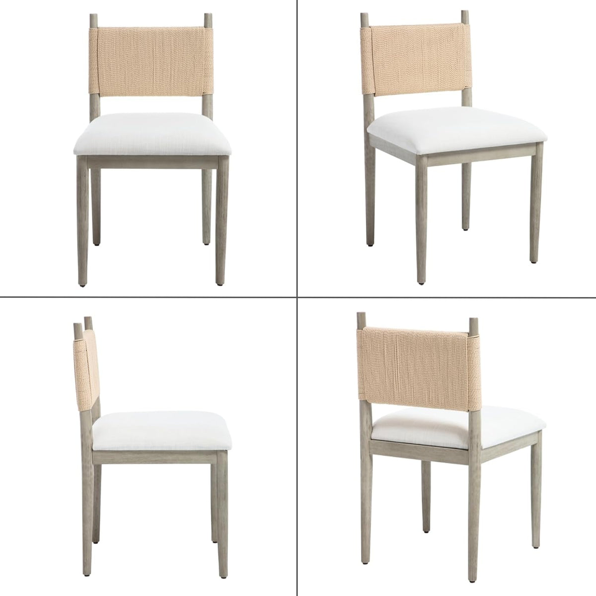 chairus Boho Coastal Dining Chairs Set of 2, Linen Upholstered Dining Room Chairs with Woven Rope Back, Modern Farmhouse Kitchen Side Chairs, Weathered Gray Wood