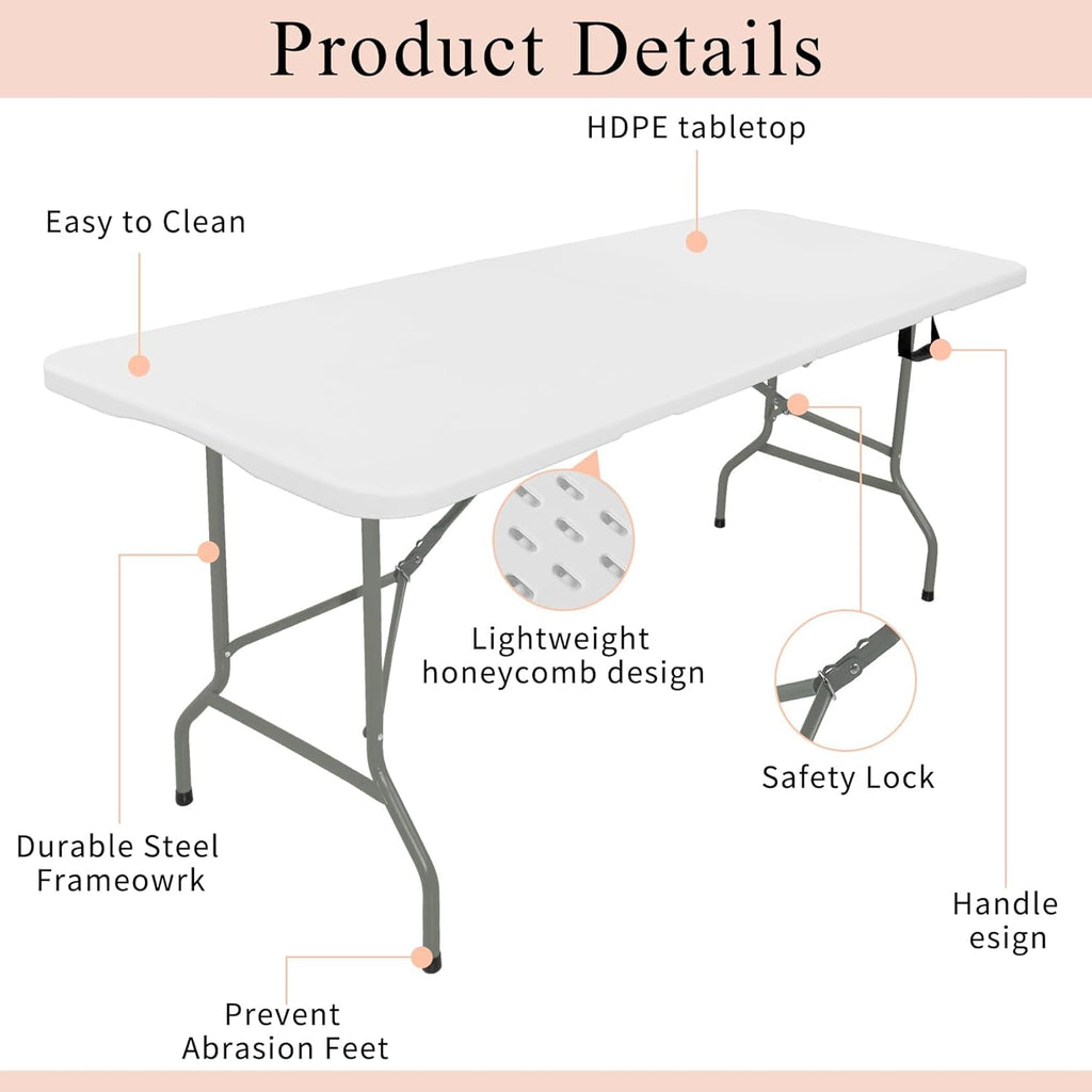 Set of 2 Folding Tables with Carrying Handle Lightweight 6FT Rectangular Portable Plastic Camping Table Steel Legs for Indoor Party, Dining, Outdoor Wedding, Events, Picnic (White)