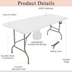 Set of 2 Folding Tables with Carrying Handle Lightweight 6FT Rectangular Portable Plastic Camping Table Steel Legs for Indoor Party, Dining, Outdoor Wedding, Events, Picnic (White)