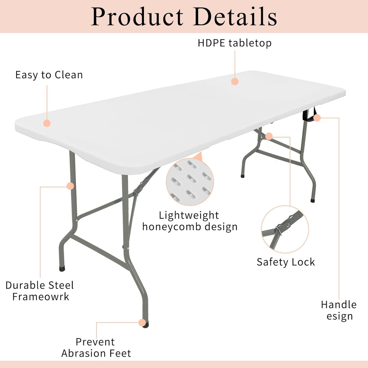 Set of 2 Folding Tables with Carrying Handle Lightweight 6FT Rectangular Portable Plastic Camping Table Steel Legs for Indoor Party, Dining, Outdoor Wedding, Events, Picnic (White)