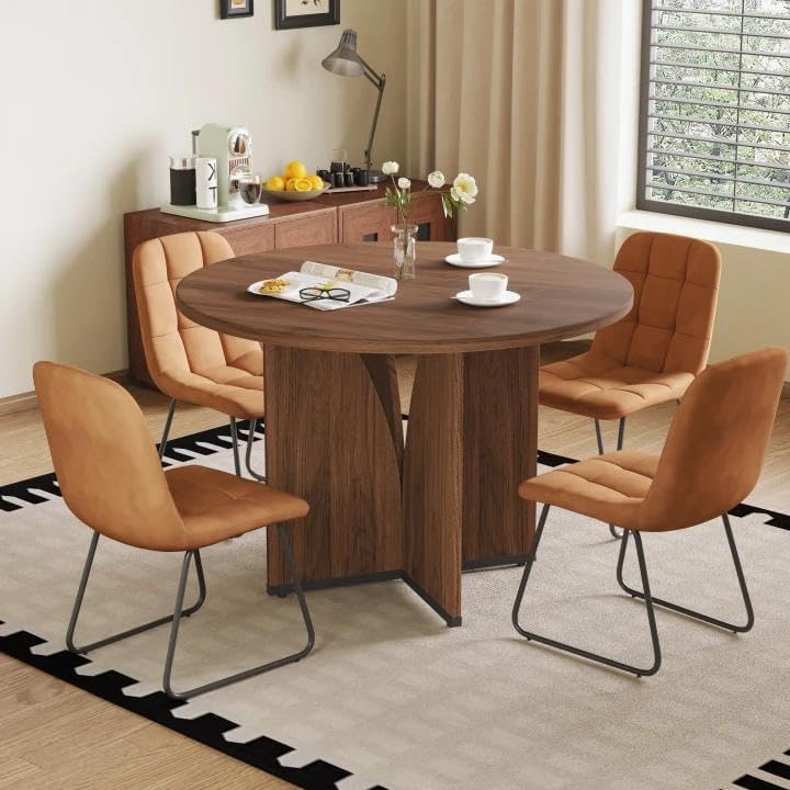 HIPIHOM Modern Round Dining Table Set for 4, 39.4" Walnut Kitchen Table with 4 PU Leather Chairs, 5-Piece Mid-Century Dining Room Set for Small Spaces, Pedestal Base
