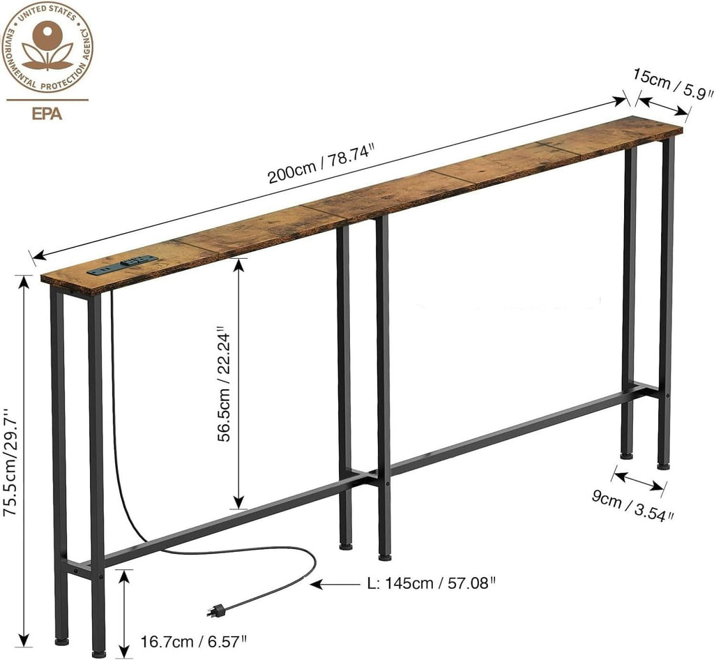 Keelian 78" Narrow Console Sofa Table with Power Outlets & 2 USB Ports | Metal Frame, Perfect for Hallway, Office, and Behind Couch Table - Easy Assembly, 4.9" Extension Cord Included