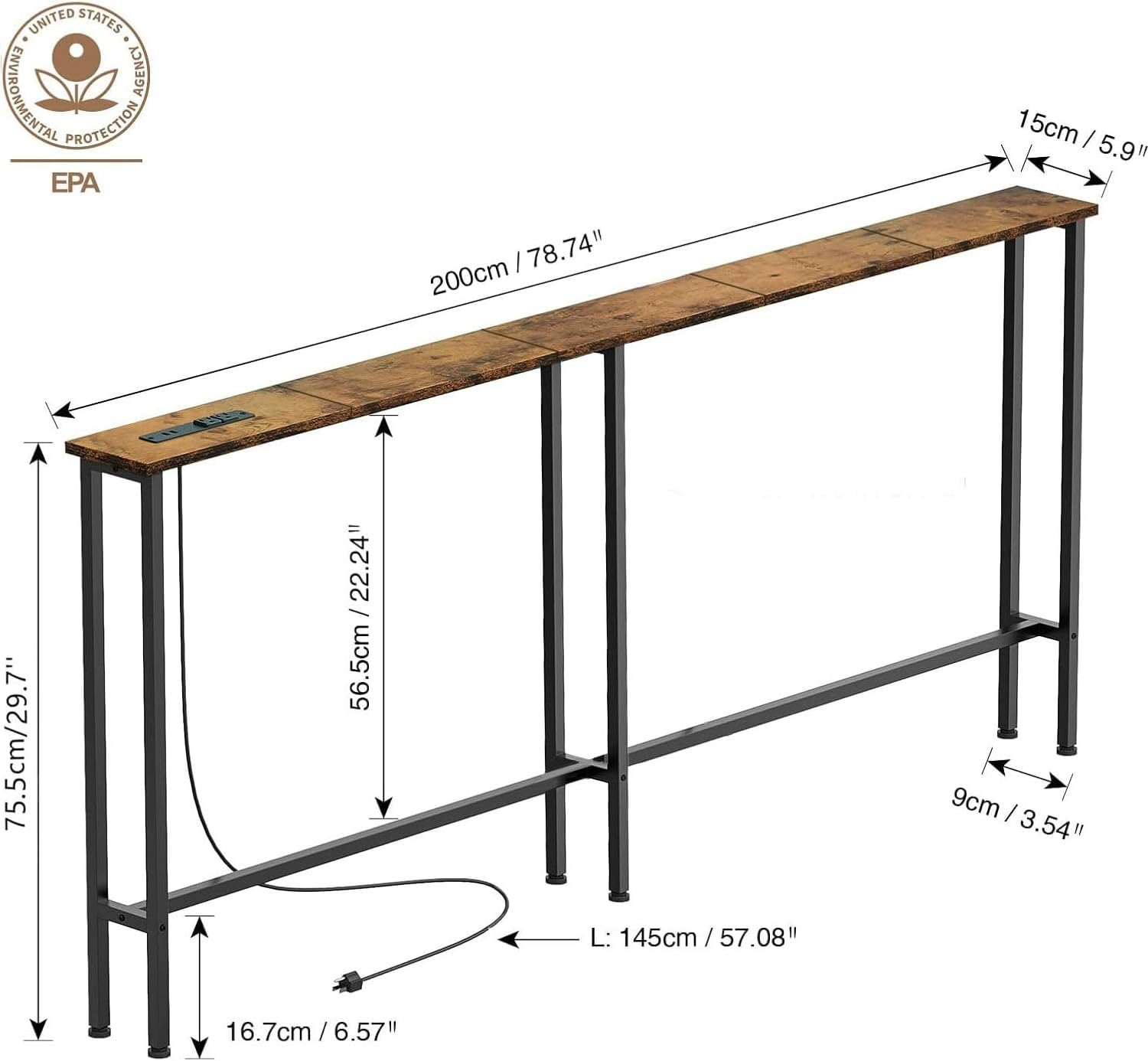 Keelian 78" Narrow Console Sofa Table with Power Outlets & 2 USB Ports | Metal Frame, Perfect for Hallway, Office, and Behind Couch Table - Easy Assembly, 4.9" Extension Cord Included