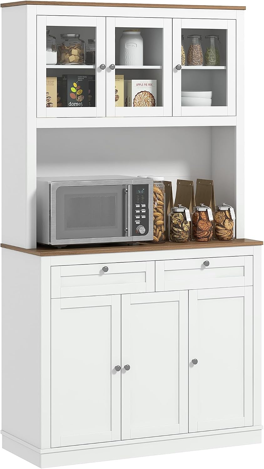 71" Tall Kitchen Pantry, Freestanding Kitchen Hutch Storage Cabinet with Glass Doors, 2 Drawers, Adjustable Shelves for Dining Room Kitchen