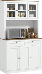 71" Tall Kitchen Pantry, Freestanding Kitchen Hutch Storage Cabinet with Glass Doors, 2 Drawers, Adjustable Shelves for Dining Room Kitchen