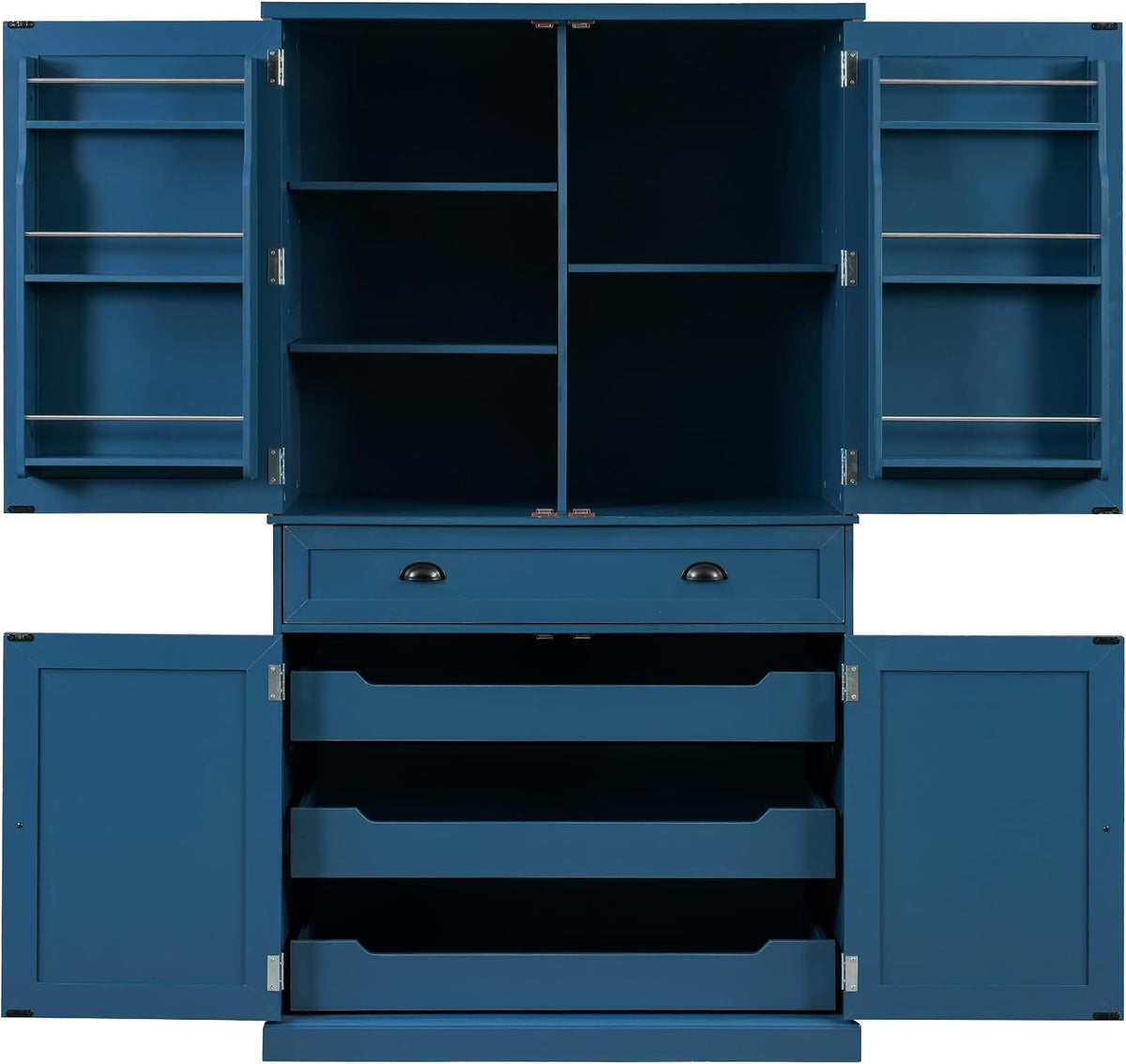 VilroCaz Freestanding 4 Doors Kitchen Pantry, Wood Kitchen Cupboard Storage Cabinet with 6 Door Shelves, Drawer and 3 Pull-Out Trays for Dining Room (Blue-4.14)