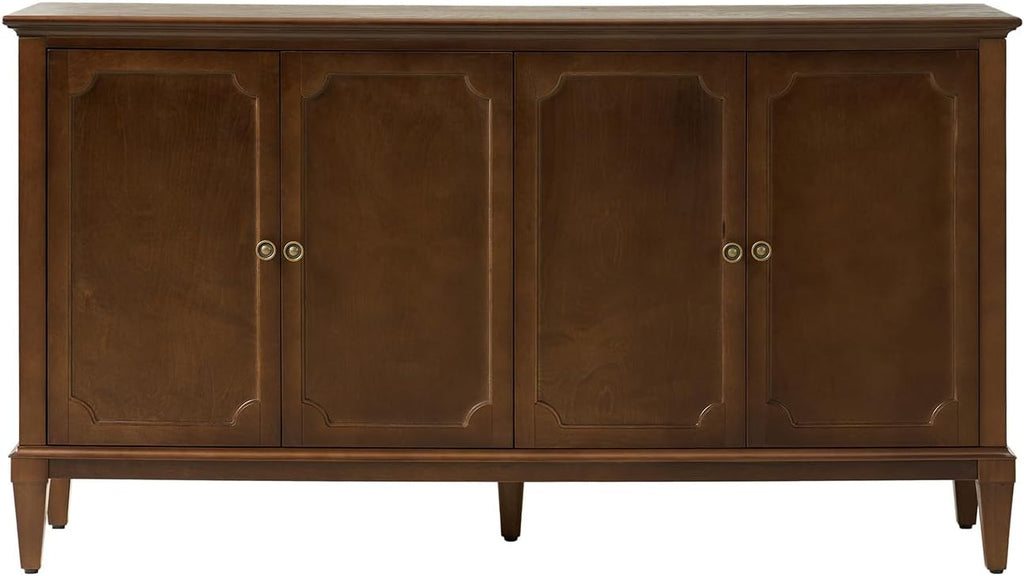 HULALA HOME Mid-Century Modern Sideboard Cabinet, 4-Door Storage Buffet, 58" W x 15.75" D x 32.2" H, Adjustable Shelves, Solid Rubberwood Legs(Walnut)