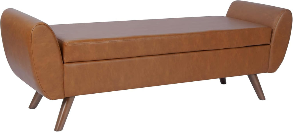 HomePop Modern Storage Bench with Wood Legs |Homepop Home Décor|Bench with Storage for Living Room & Bedroom - Cognac Brown Faux Leather