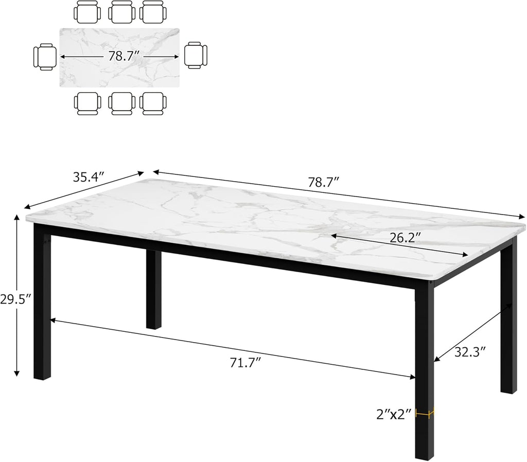 79 Inch Industrial Dining Table, Large Rectangle Kitchen Table with Metal Legs, Round Corners, Wooden Conference Tables Writing Desk for Dining Room, Living Room, White Faux Marble