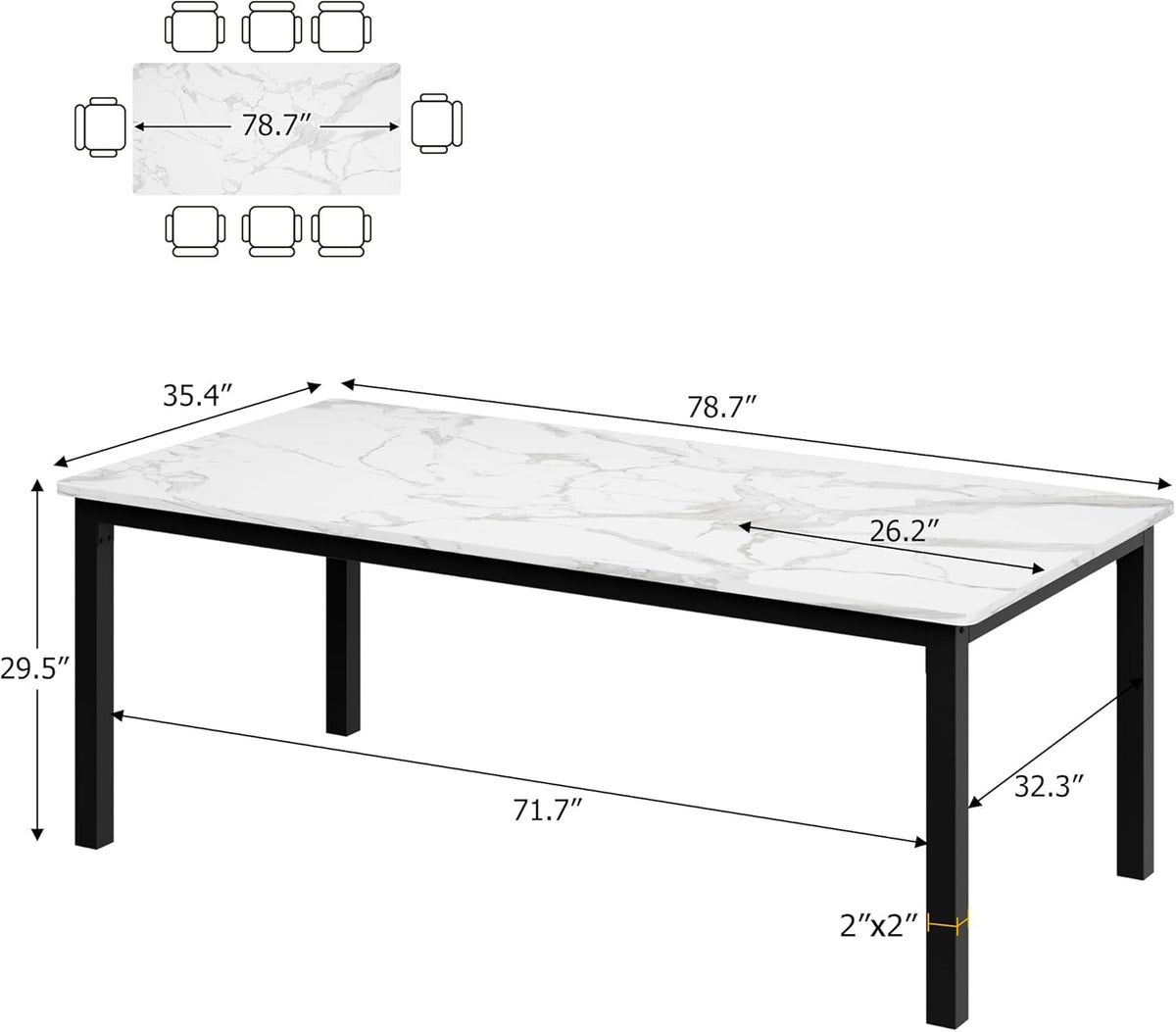 79 Inch Industrial Dining Table, Large Rectangle Kitchen Table with Metal Legs, Round Corners, Wooden Conference Tables Writing Desk for Dining Room, Living Room, White Faux Marble