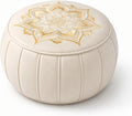 Round Pouf Cover, Premium Leather Ottoman Cover 19in / 48cm, Unstuffed Floor Pouf with Handcrafted Embroidery, Boho Footrest for Living Room, Meditation Cushion, Home Decor (Cream Beige)