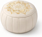 Round Pouf Cover, Premium Leather Ottoman Cover 19in / 48cm, Unstuffed Floor Pouf with Handcrafted Embroidery, Boho Footrest for Living Room, Meditation Cushion, Home Decor (Cream Beige)