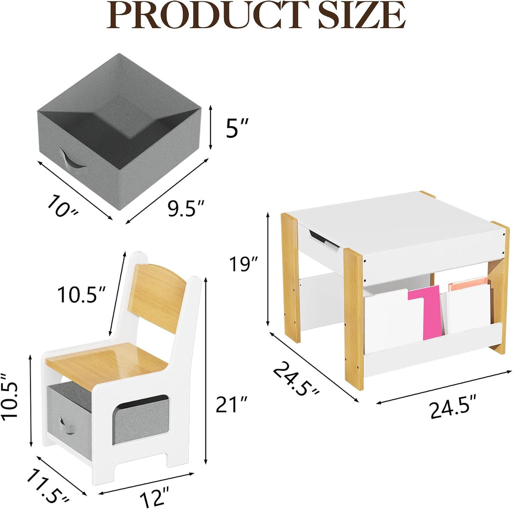 Kids 4‑in‑1 Wooden Table & 2 Chairs Set Brown | 4‑in‑1 double‑sided tabletop, multi‑storage, burr‑free wood, waterproof finish, for kids drawing reading craft activities