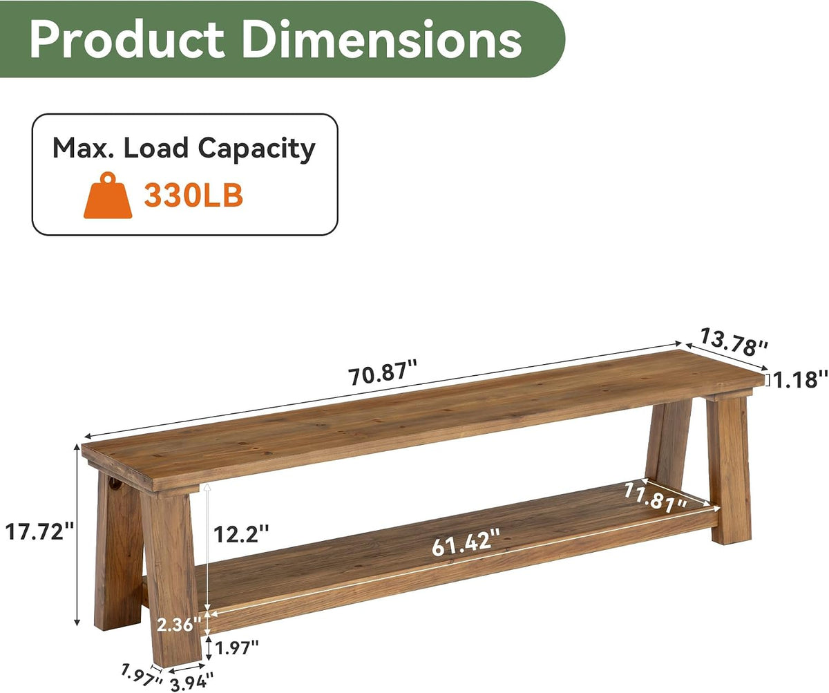 70.87" Long Solid Wood Dining Bench | Farmhouse Kitchen Bench with Storage Shelf for Dining Room, Kitchen, Entryway, Bedroom, Easy to Assemble