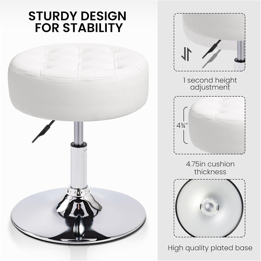 360° Swivel PU Leather Vanity Stool, White Makeup Chair for Bedroom, Large Round Ottoman Stool