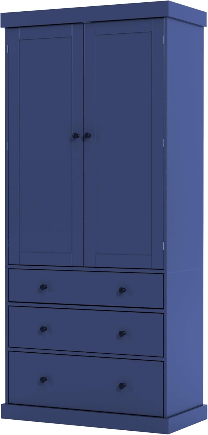 77" Tall Farmhouse Kitchen Pantry Cabinet, Freestanding Food Storage Cupboard with 3 Adjustable Shelves, 8 Door Shelves & 3 Drawers for Kitchen & Dining Room, Blue