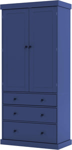 77" Tall Farmhouse Kitchen Pantry Cabinet, Freestanding Food Storage Cupboard with 3 Adjustable Shelves, 8 Door Shelves & 3 Drawers for Kitchen & Dining Room, Blue